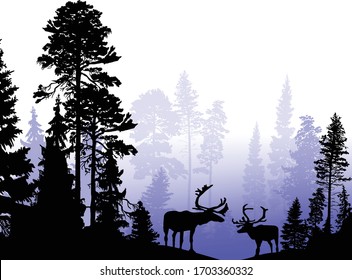 illustration with deers in blue forest