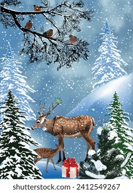 illustration with deers and bullfinches in winter forest