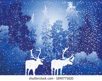 illustration with deers in fir forest silhouettes at snow