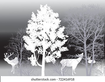 illustration with deers in forest on grey background