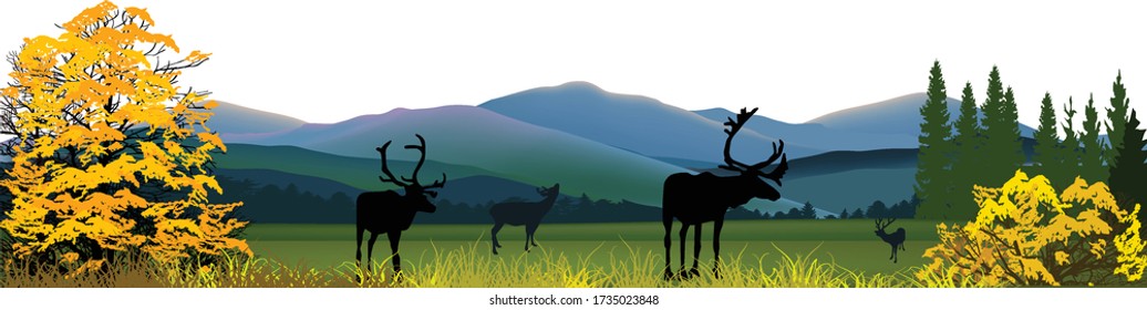 ilustración con ciervos frente a montañas caídas