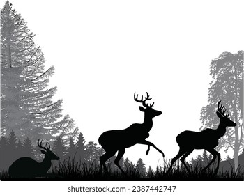 illustration with deers in grey forest