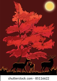 illustration with deers near red tree