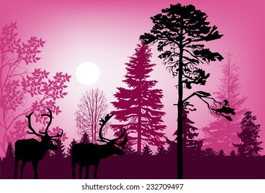 illustration with deers in pink forest