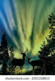 illustration with deers silhouettes at shining sky
