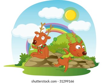illustration of deers sitting on rainbow background
