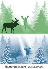 illustration with deers in summer and winter forest 