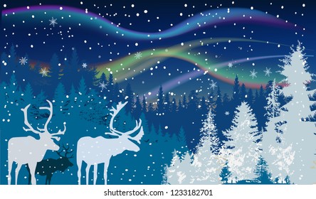 illustration with deers in winter forest