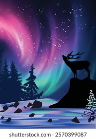 illustration with deers in winter landscape at bright night sky background