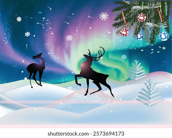 illustration with deers in winter landscape at bright night sky background