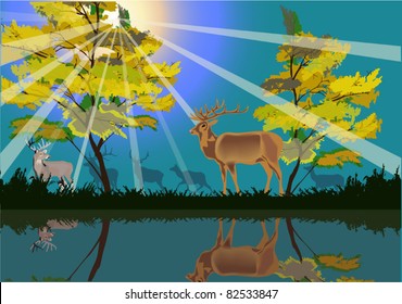 illustration with deers in yellow forest