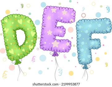 Illustration Of DEF Letters Mylar Balloons Floating With Confetti