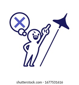 Illustration of a deformed simple human being pointing diagonally above where Concorde flies but thinking of failure