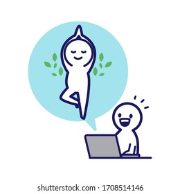 Illustration of a deformed simple human doing yoga and a deformed simple human investigating with a computer