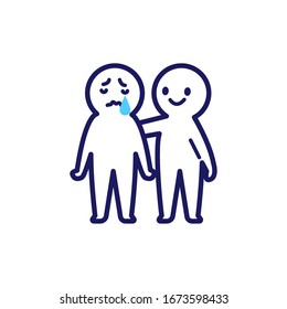 Illustration of a deformed simple human holding his right hand on the back of a weeping person