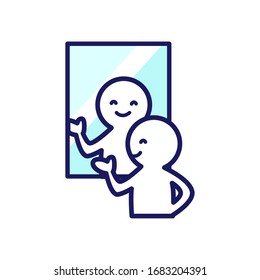 Ilustración de un humano deformado que mira al espejo y sostiene su mano con una sonrisa