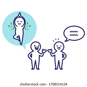 Illustration of a deformed simple person talking with a smile, thinking of a deformed simple person doing yoga