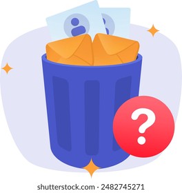 Illustration of deleting data with a trash can containing messages, emails, and profiles inside. Deleting files documents data emails folders in the trash.