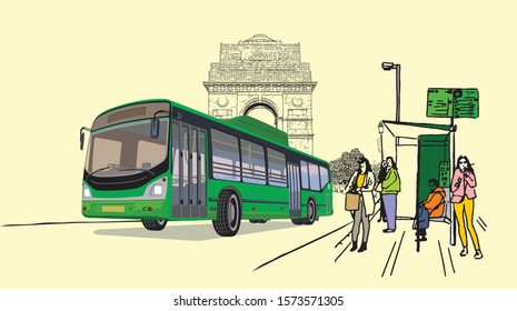 Illustration of Delhi bus service with passenger