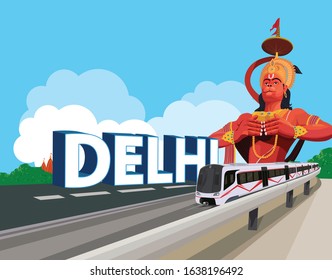 Illustration of Delhi Skyline with Delhi Typography, Hanuman Temple  