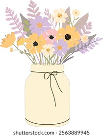 An illustration of a delicate bouquet of wildflowers in pastel tones, arranged in a glass jar tied with a string. The flowers in the composition feature shades of yellow, lavender,