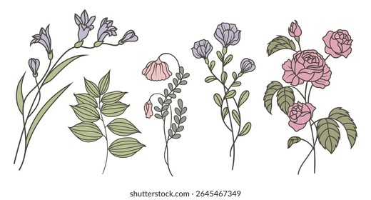 Illustration of delicate flowers with leaves. Flowers in pastel colors, featuring roses and buds. Elegant floral design with leaves and stems. Botanical art. Spring flower illustrations, vector set.