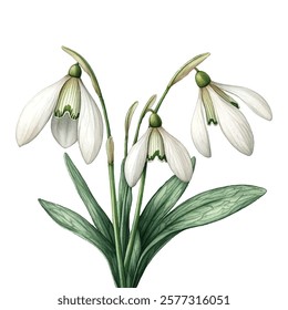 illustration of delicate snowdrop flowers with white petals and green accents, symbolizing the arrival of spring. Perfect for nature-themed designs, botanical art, and seasonal decor.