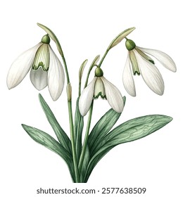 illustration of delicate snowdrop flowers with white petals and green accents, symbolizing the arrival of spring. Perfect for nature-themed designs, botanical art, and seasonal decor.