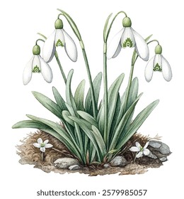 illustration of delicate snowdrop flowers with white petals and green accents, symbolizing the arrival of spring. Perfect for nature-themed designs, botanical art, and seasonal decor.