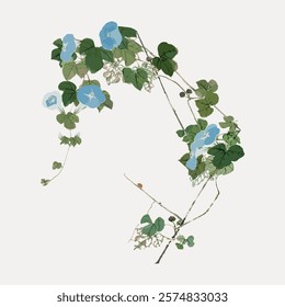 Illustration of a delicate vine with green leaves and blue flowers. The vine curves gracefully, showcasing vibrant blue flowers and lush green leaves. Vintage floral illustration isolated, vector.