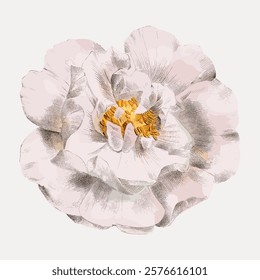 Illustration of a delicate white flower with soft petals and a yellow center. The flower's intricate design highlights its natural beauty and elegance. Vintage floral illustration isolated, vector.