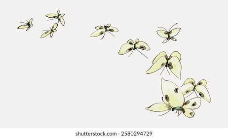 Illustration of delicate yellow butterflies with black spots. Butterflies in flight, showcasing their graceful wings. A serene butterfly scene. Vintage butterfly illustration isolated, vector.