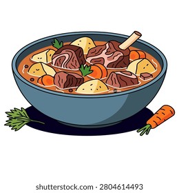 Illustration of delicious beef stew with vegetables served in a bowl, featuring hearty ingredients and a comforting homemade meal