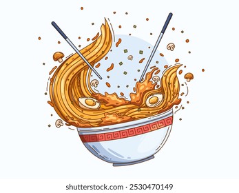 Ilustração de uma deliciosa tigela de râmen com macarrão quente de râmen, guarnecido com fatias de ovos cozidos, cogumelos, cebolas verdes e temperos saborosos. 