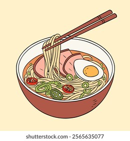 Illustration of a Delicious Bowl of Ramen Noodles with Chopsticks.