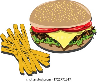 
illustration of delicious burger and fries