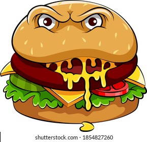 The illustration of the delicious burger monster with the big eyes and vegetables inside 