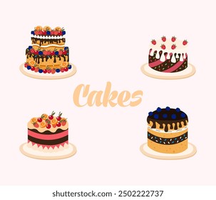 Illustration of delicious cakes on light pink background.