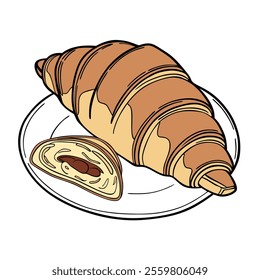 Illustration of a Delicious Croissant and Chocolate Filling on a Plate.