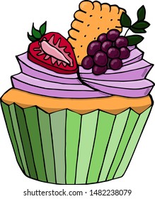 Illustration of delicious cupcake with cream and berries.