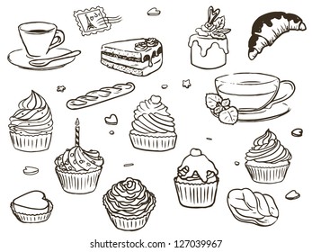Illustration of delicious cupcakes, cup of coffee and cup of tea, outline. Isolated on white background.