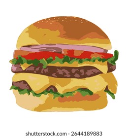 Illustration of a delicious double cheeseburger with lettuce, tomato, onion, cheese, and beef patties. Perfect for food-related design, menu, restaurant advertisement, or fast food-themed projects.