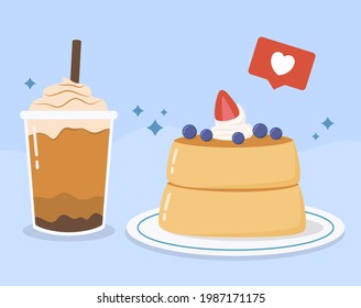 Illustration Of Delicious Fluffy Souffle Pancake With Strawberry Blueberry Topping And A Cup Of Milkshake Vector Design