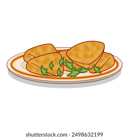 Illustration of delicious fried tofu with parsley on plate being served for lunch or dinner