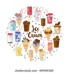 Illustration with delicious ice cream and cocktails. Round illustration with sweets. Can be used as a restaurant or cafe menu. Sweet shop identity. 