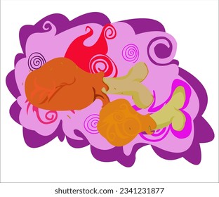 An illustration of delicious meat assorted dish on a vintage violet background. This illustration can be used as a logotype for bars, taverns, picnic and safari eating places. Vector, isolated.