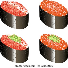 An illustration of delicious Negitoro Gunkan sushi rolls.
I drew an illustration of Negitoro Gunkan sushi rolls