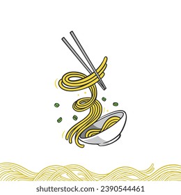 Illustration  Delicious noodles in bowl, asian chopstick noodles 