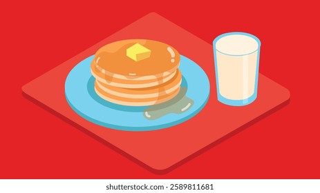 illustration of a delicious pancake breakfast served with a glass of milk, showcasing the fluffy pancakes topped with syrup and fruits