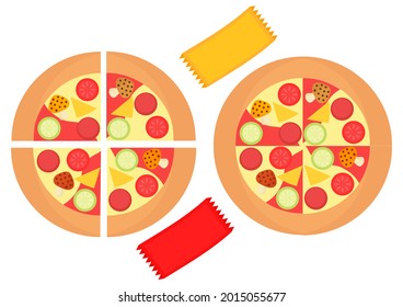 illustration of delicious pizza with cheese sauce and chili sauce sachets, with a bright color combination, and with a simple and modern design